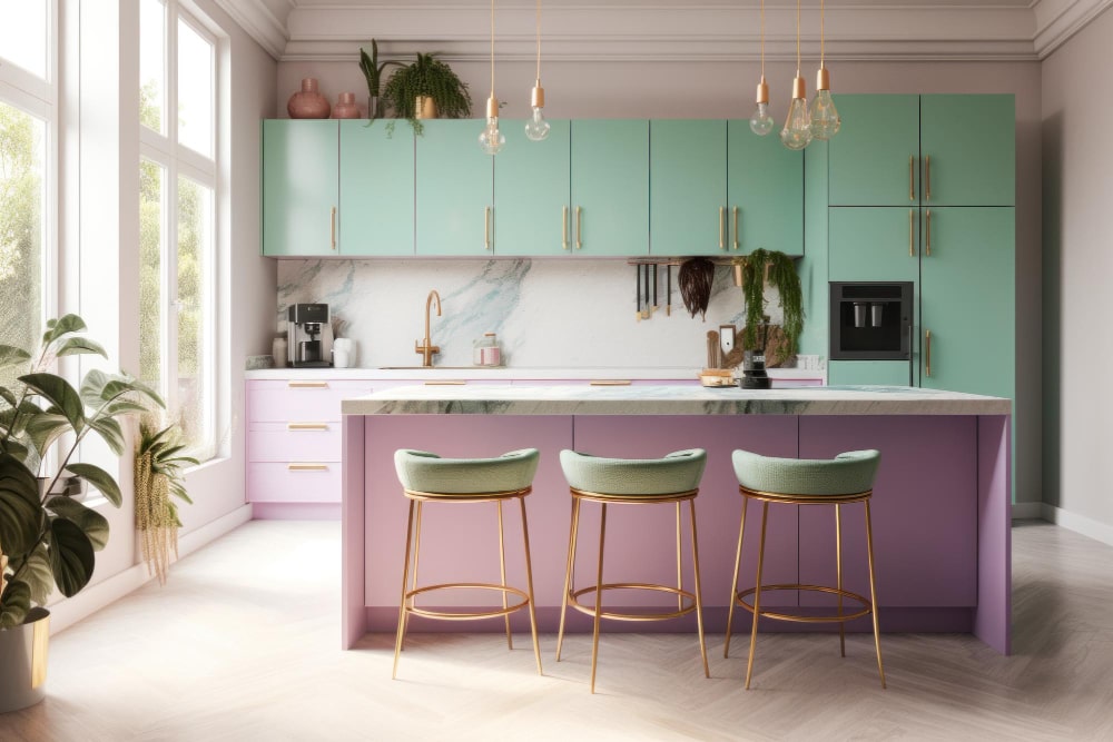 Mint Green and Pale Pink color kitchen laminates