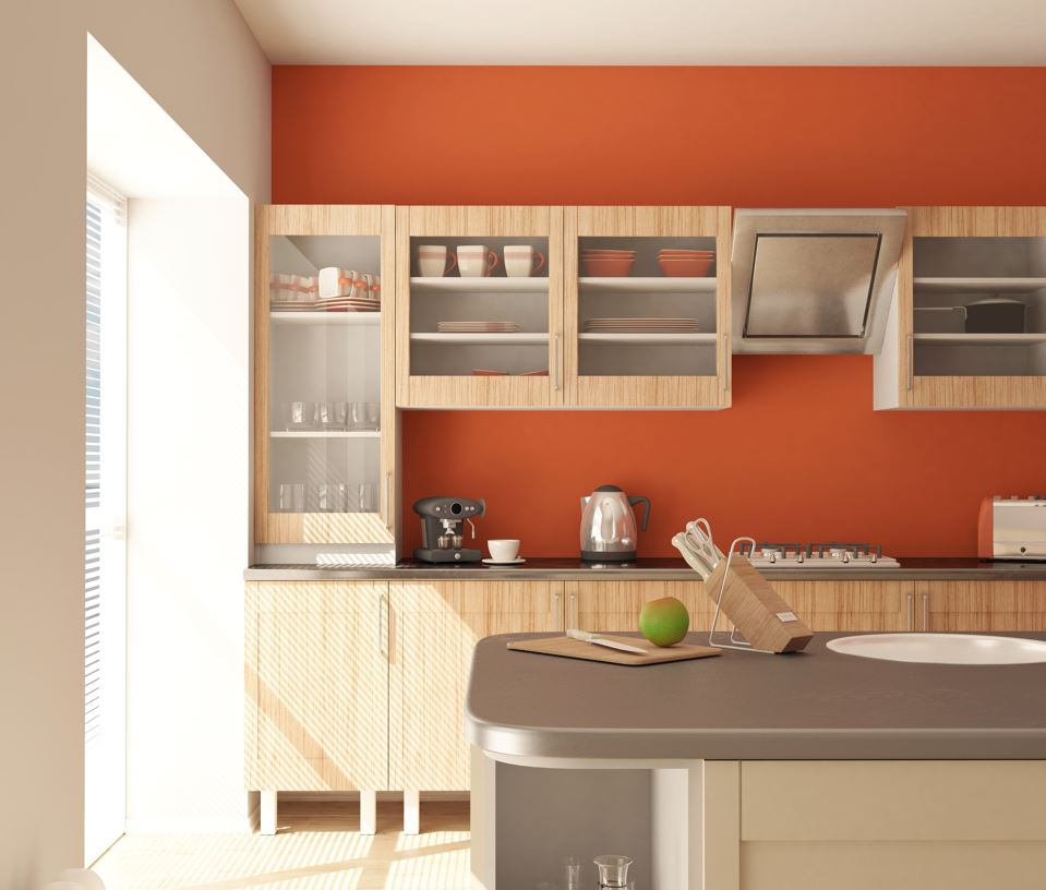 Turquoise and Orange color kitchen laminates